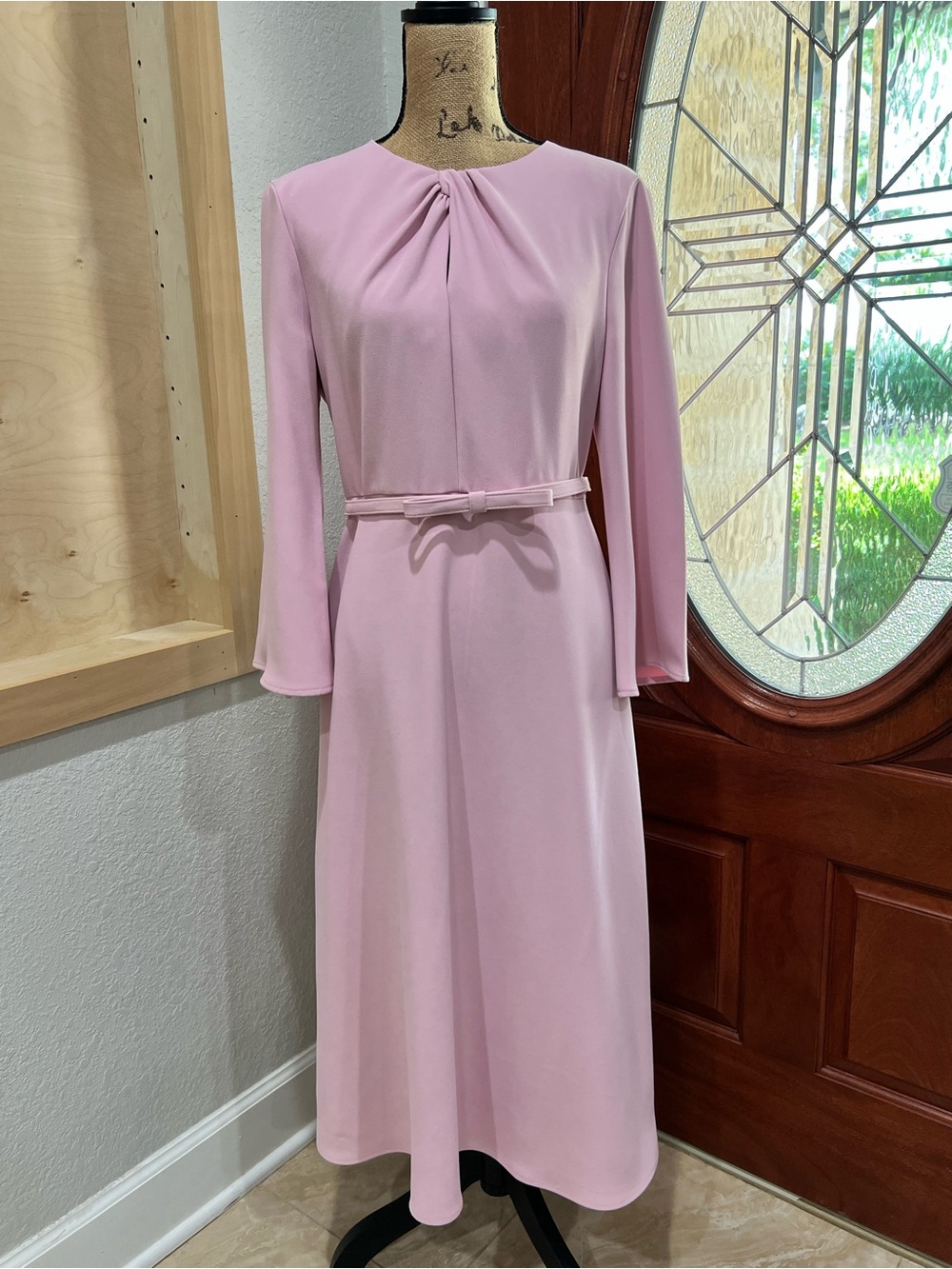 MOTF Soft Pink Long-Sleeve Midi Dress with Waist Tie